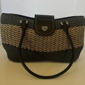 Brighton Carre Raffia Tote Black & Woven Straw w/Leather Accents